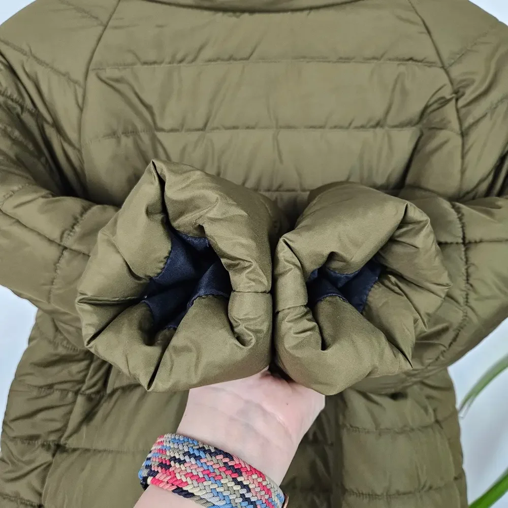 Logo Lori Goldstein Cropped Puffer Coat Sz‎ M Olive Green Snap Front Wide Collar